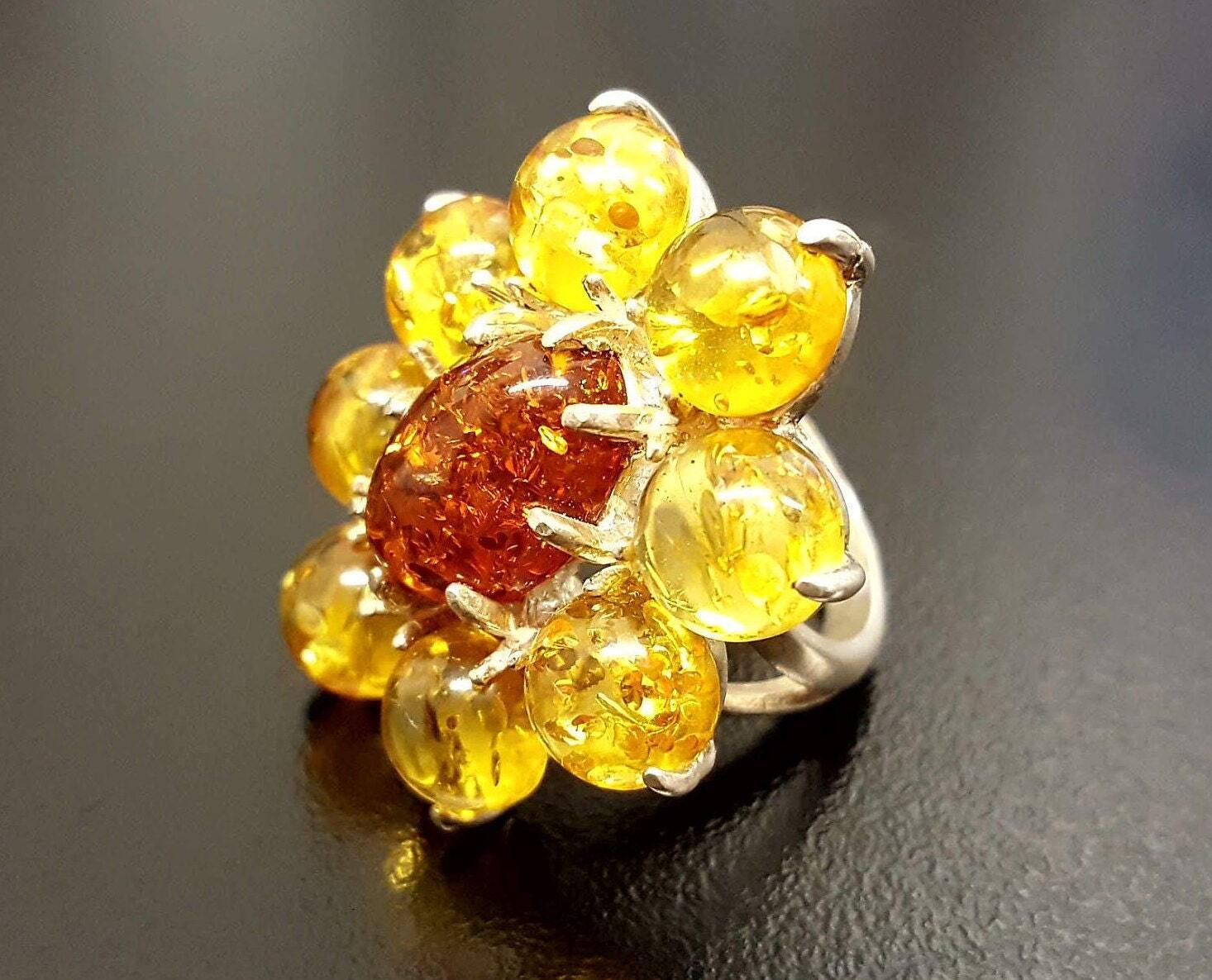 Amber Ring, Natural Amber, Yellow Amber Ring, Brown Amber Ring, Flower Ring, Taurus Birthstone, Yellow Ring, Statement Ring, Silver Ring