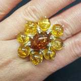 Yellow Flower Ring - Natural Amber Ring - Flower Statement Ring