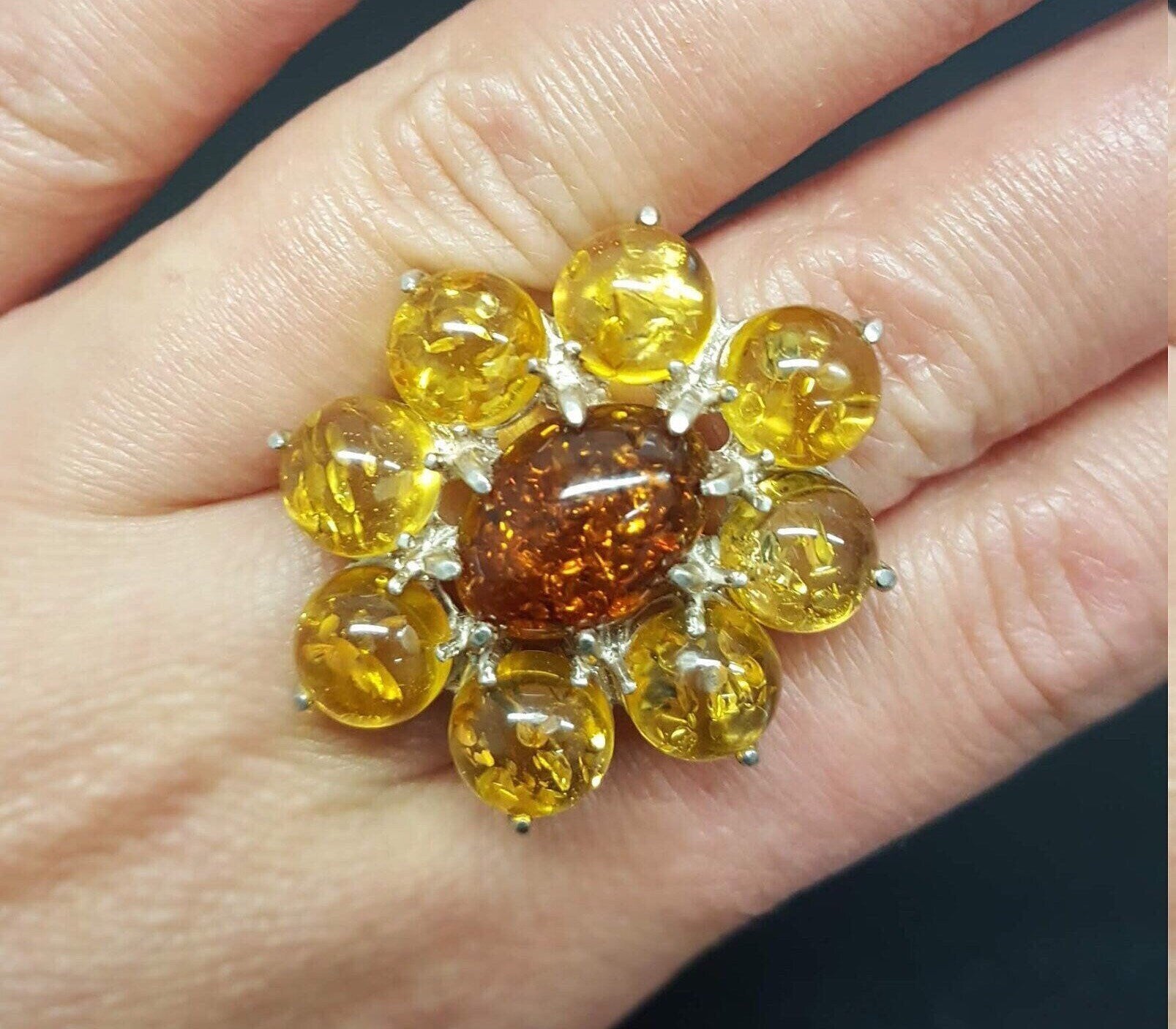 Amber Ring, Natural Amber, Yellow Amber Ring, Brown Amber Ring, Flower Ring, Taurus Birthstone, Yellow Ring, Statement Ring, Silver Ring