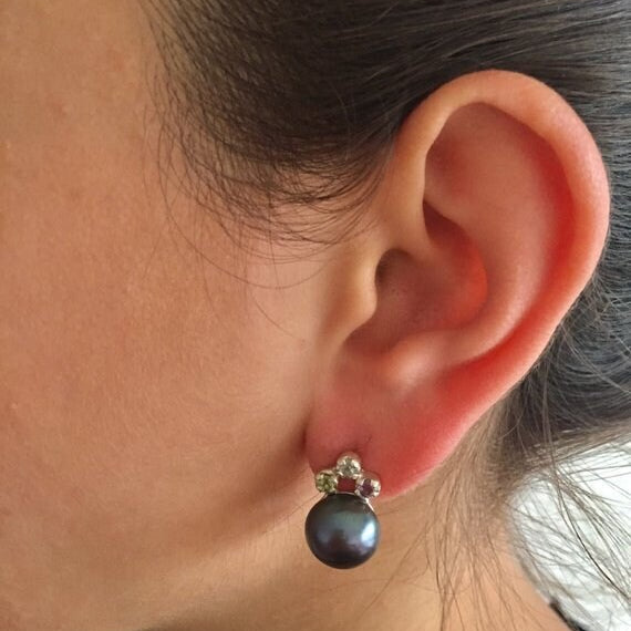 Black Pearl Earrings, Pearl Emerald Ruby Sapphire, Natural Pearl, Natural Emerald, Natural Ruby, Natural Sapphire, Birthstone Earrings