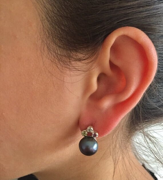 Black Pearl Earrings, Pearl Emerald Ruby Sapphire, Natural Pearl, Natural Emerald, Natural Ruby, Natural Sapphire, Birthstone Earrings