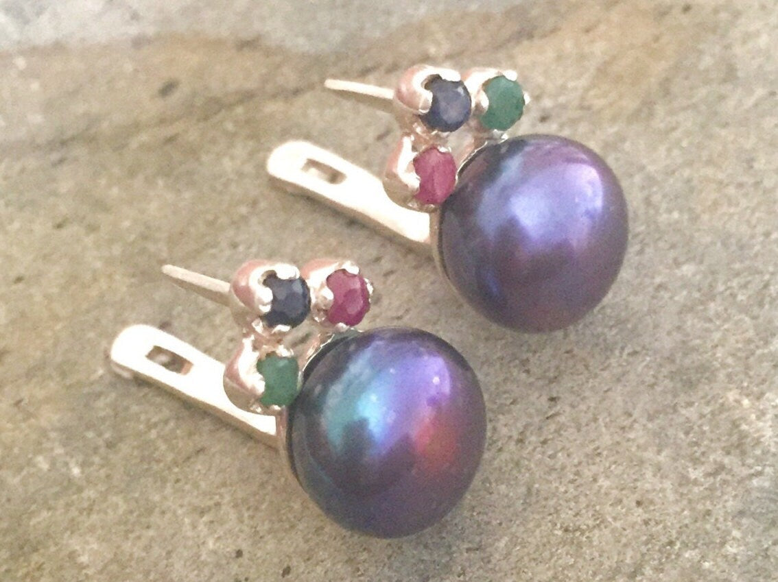 Black Pearl Earrings, Pearl Emerald Ruby Sapphire, Natural Pearl, Natural Emerald, Natural Ruby, Natural Sapphire, Birthstone Earrings