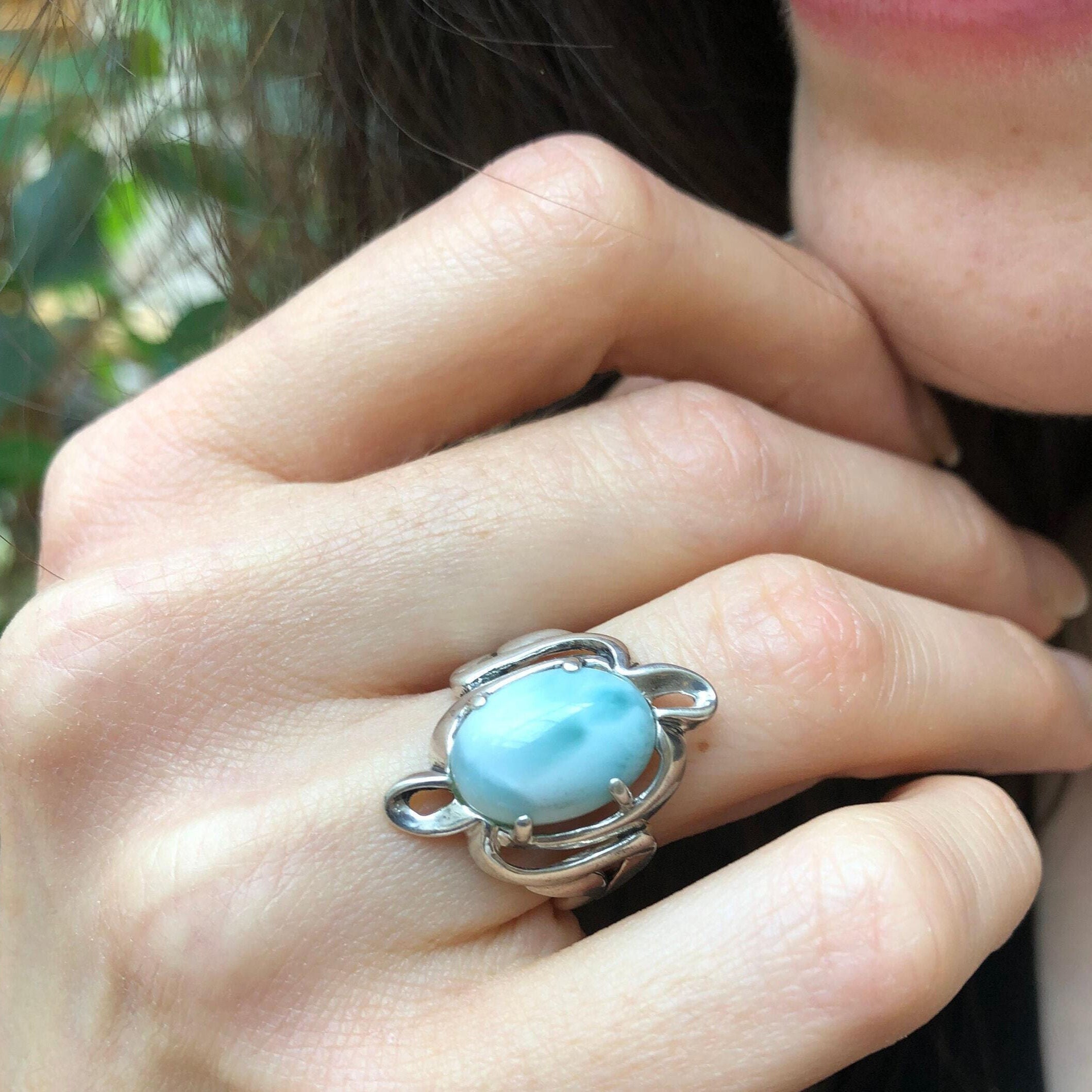 Larimar Ring, Natural Larimar, Statement Style Ring, Sky Blue Ring, Artistic Ring, Vintage Ring, Ornament Ring, Lace Ring, Solid Silver Ring