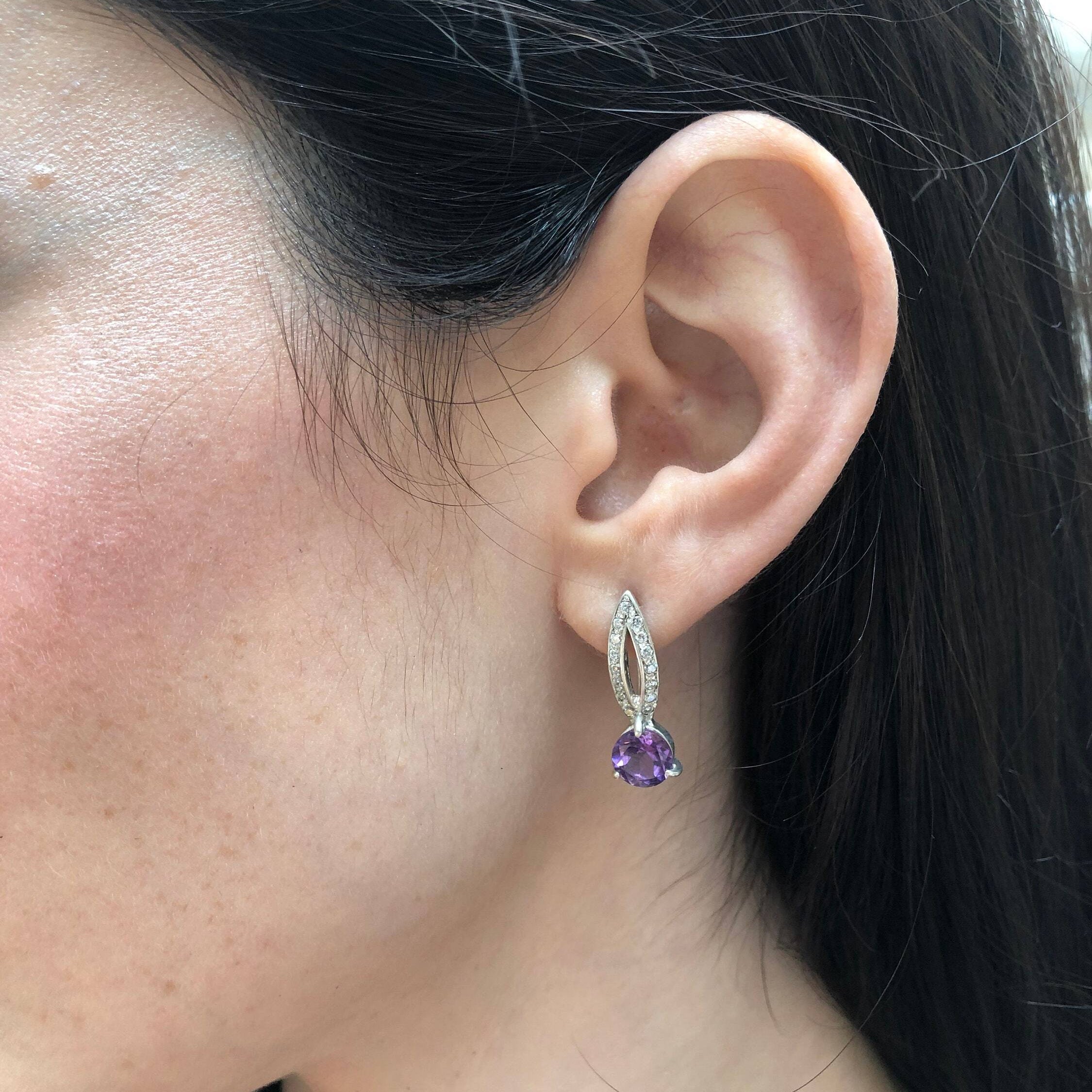 Amethyst Earrings, Natural Amethyst, February Birthstone, Long Dainty Earrings, Sparkly Earrings, Purple Diamond Studs, 925 Silver Earrings