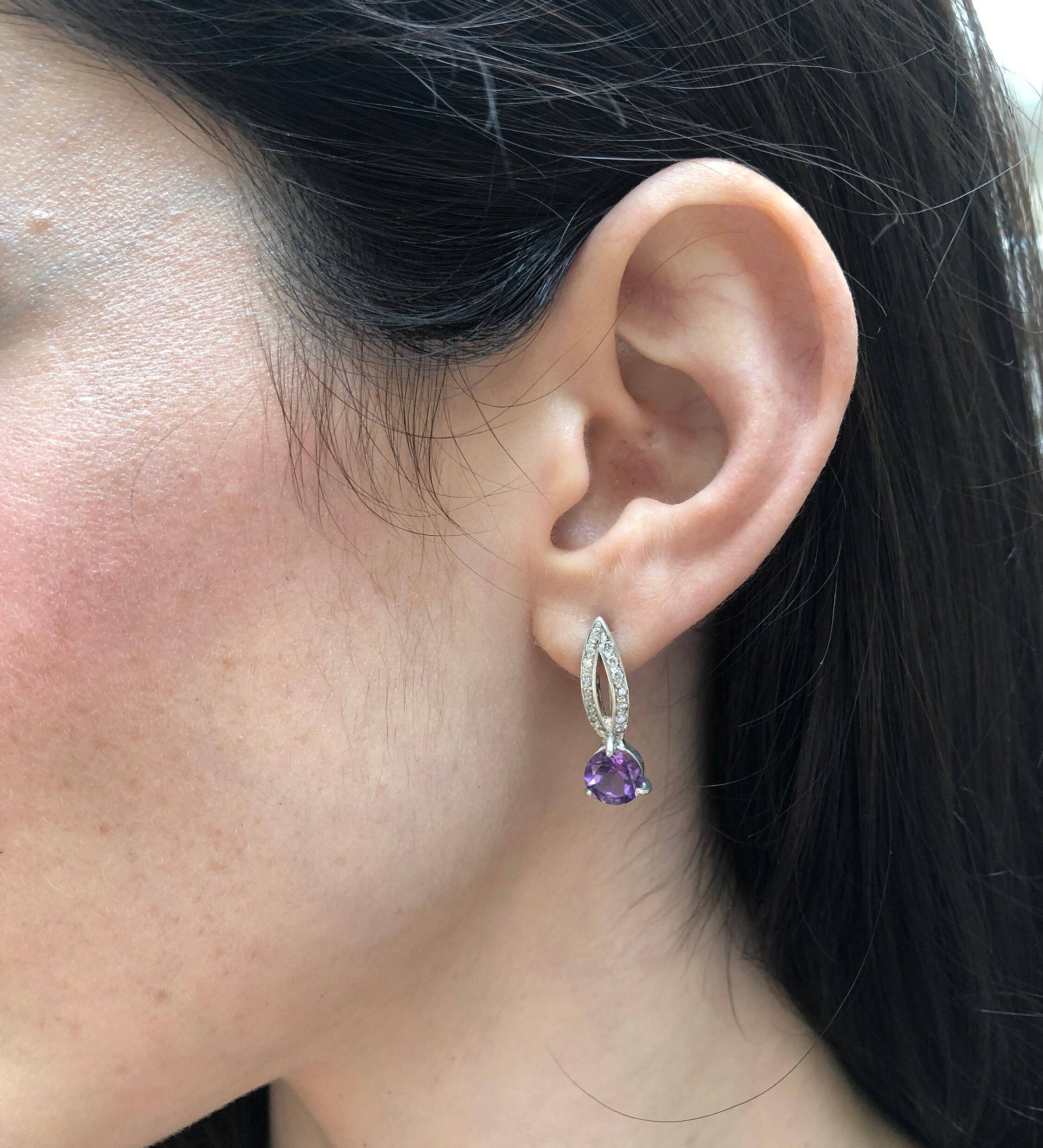 Amethyst Earrings, Natural Amethyst, February Birthstone, Long Dainty Earrings, Sparkly Earrings, Purple Diamond Studs, 925 Silver Earrings