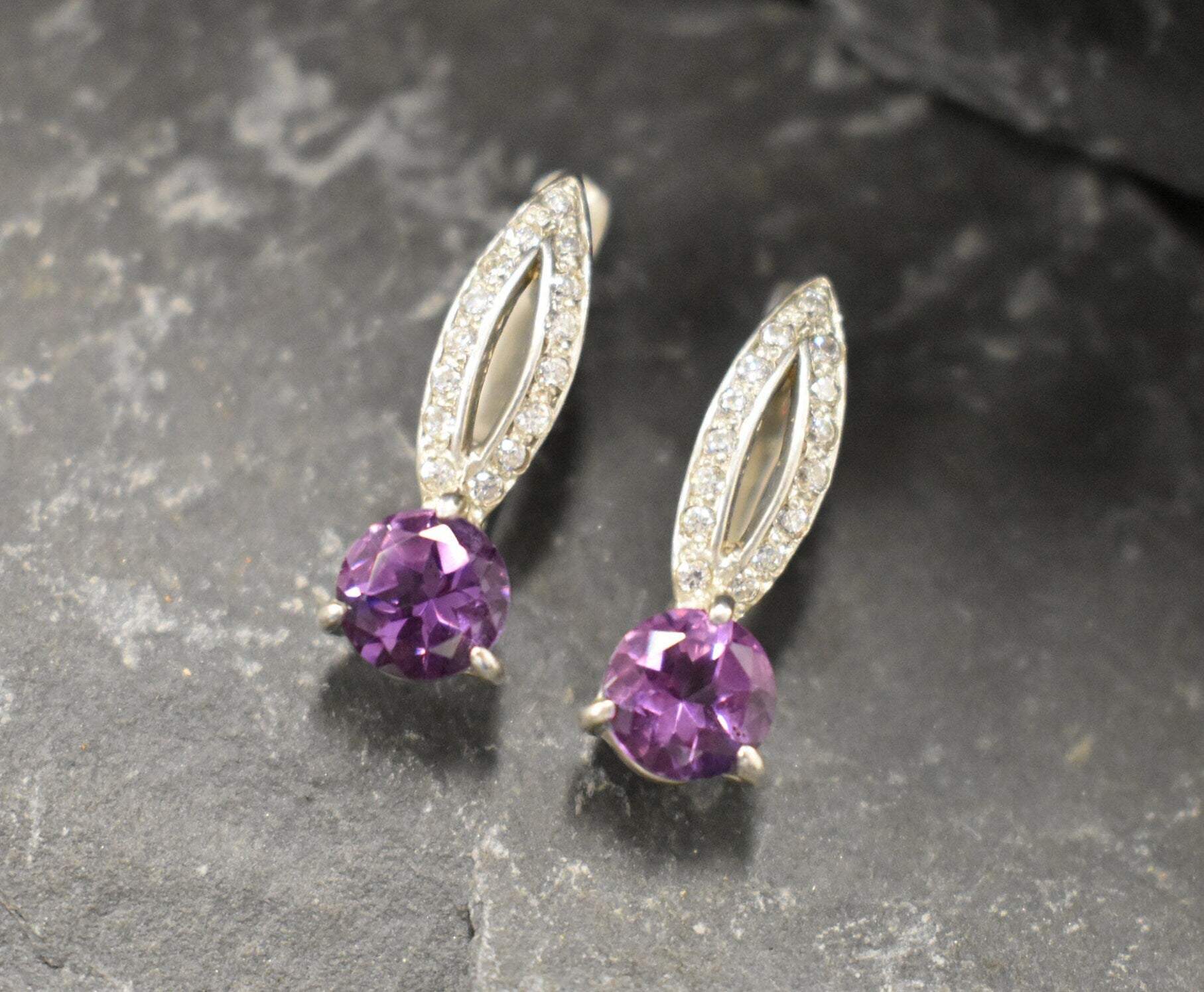 Amethyst Earrings, Natural Amethyst, February Birthstone, Long Dainty Earrings, Sparkly Earrings, Purple Diamond Studs, 925 Silver Earrings