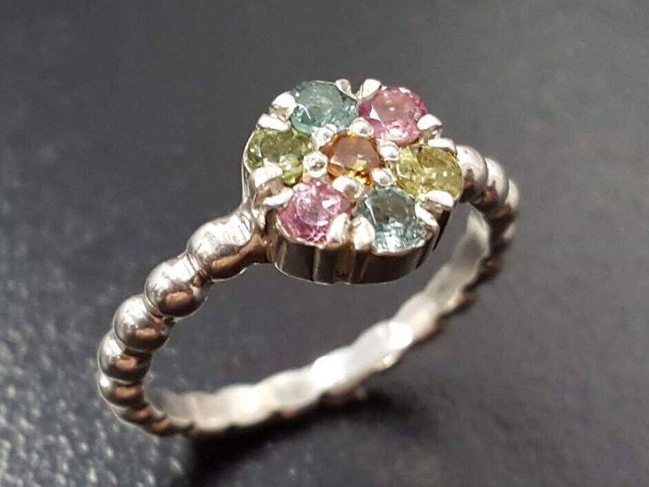 Tourmaline Ring, Natural Tourmaline, October Birthstone, Flower Ring, Multistone Ring, Vintage Flower Ring, Solid Silver Ring, Tourmaline