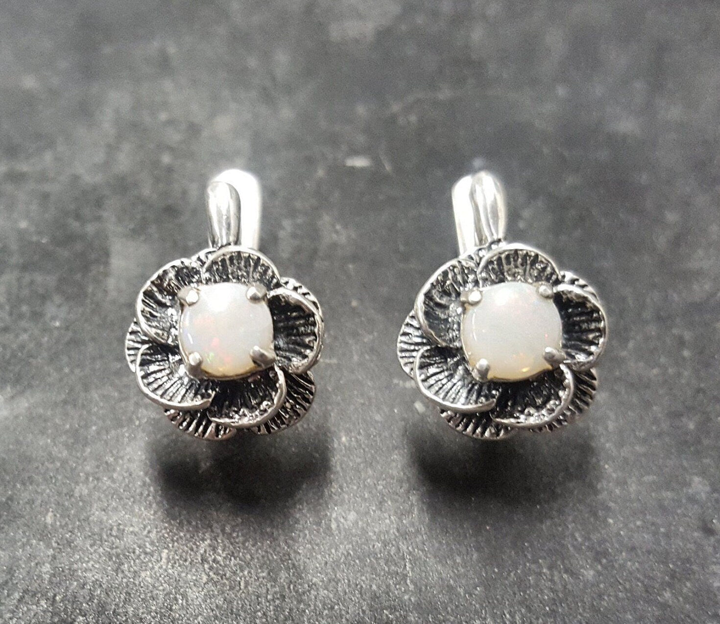 White Rose Earrings, Australian Opal, Flower Studs, October Birthstone, Vintage Earrings, Fire Opal Earrings, Rose Earrings, Silver Earrings