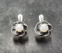 White Rose Earrings, Australian Opal, Flower Studs, October Birthstone, Vintage Earrings, Fire Opal Earrings, Rose Earrings, Silver Earrings