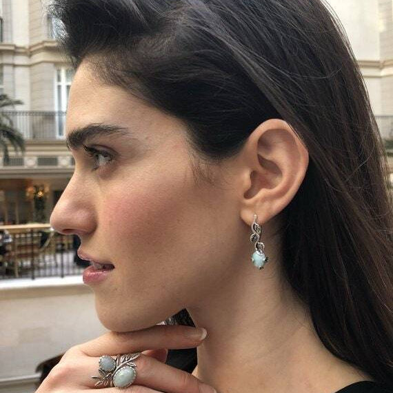 Chrysoprase Earrings, Natural Chrysoprase, May Earrings, Silver Leaf Earrings, Vintage Flower Earrings, May Birthstone, Green Leaf Earrings