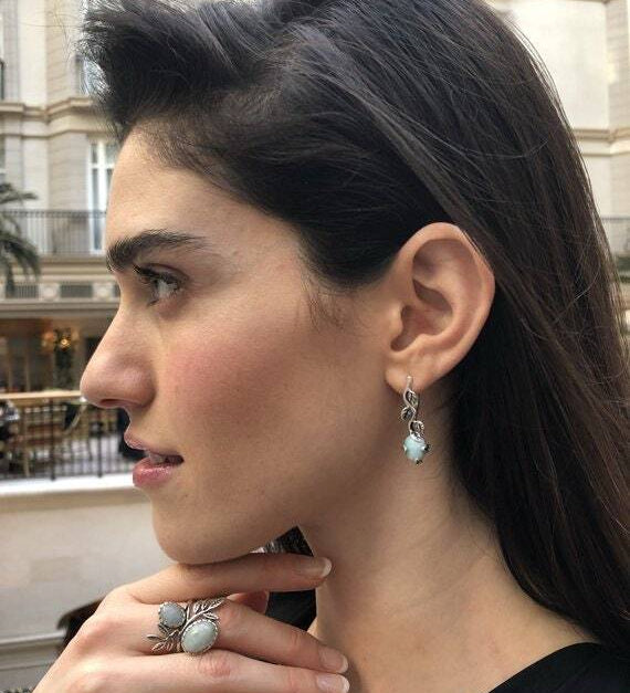 Chrysoprase Earrings, Natural Chrysoprase, May Earrings, Silver Leaf Earrings, Vintage Flower Earrings, May Birthstone, Green Leaf Earrings