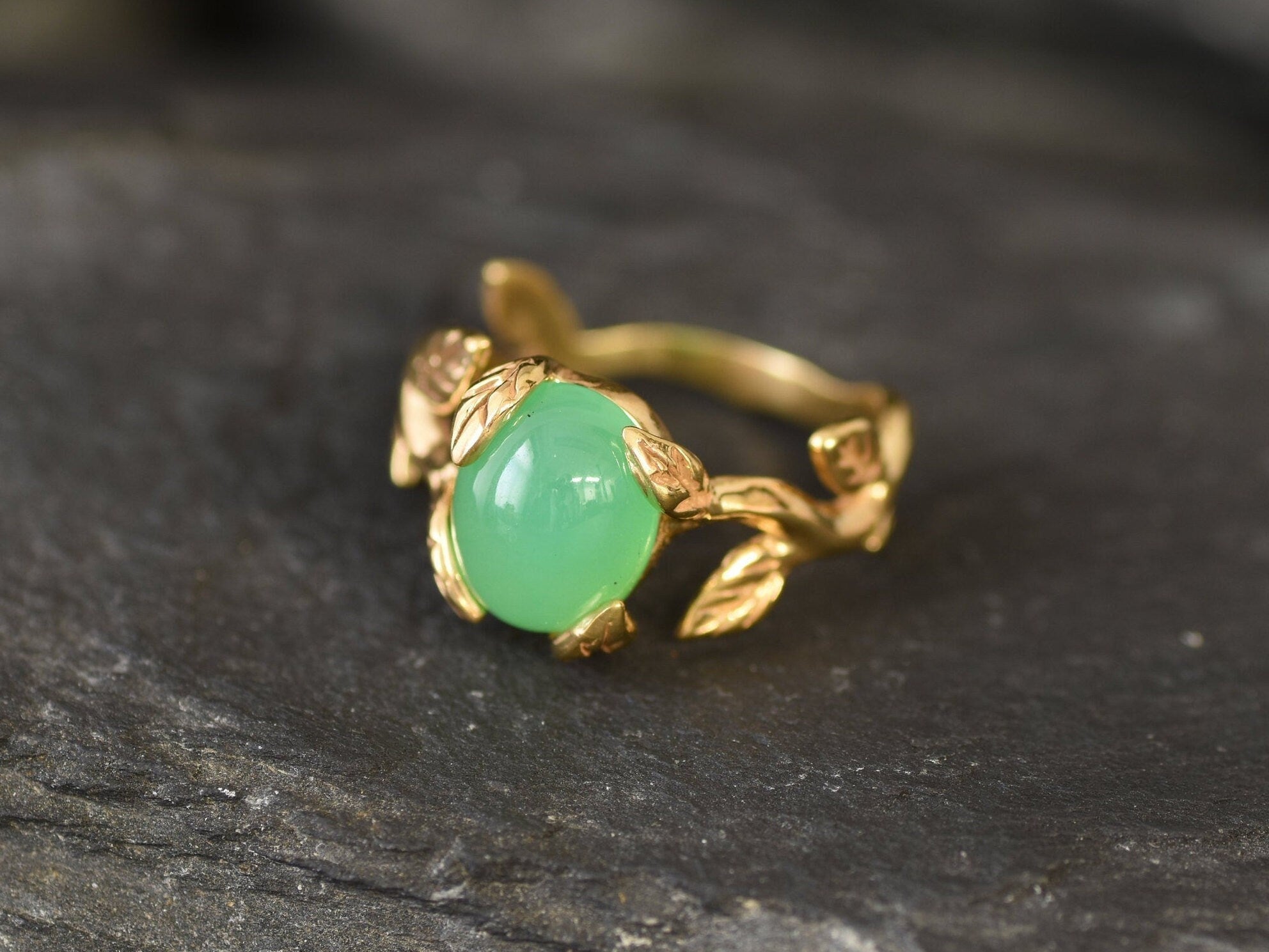 Green Flower Ring, Chrysoprase Ring, Natural Chrysoprase, May Ring, Silver Leaf Ring, May Birthstone, Green Leaf Ring, Green Vintage Ring(1)