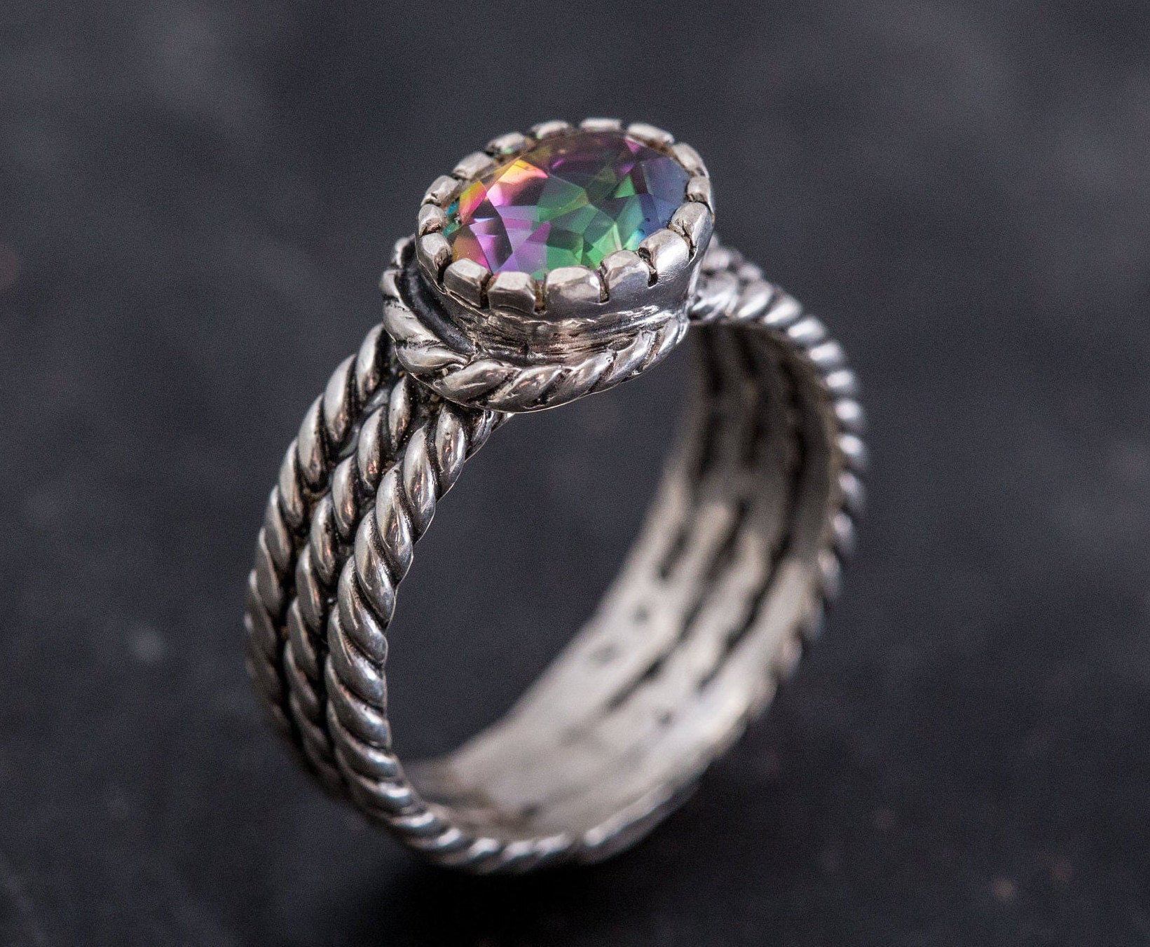 Rope Ring, Mystic Topaz Ring, Natural Topaz Ring, December Birthstone, Vintage Rings, Purple Topaz Ring, Triple Rope Ring, Solid Silver Ring