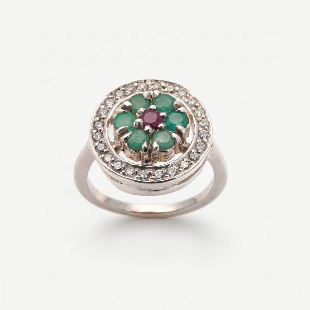 Natural Emerald Ring made in 925 Sterling Silver with Round Natural Green Emerald in Cluster setting, May Birthstone gift idea, symbolizes growth, harmony, and deep emotional healing, ideal for everyday wear and perfect for birthday gifting and special occasions.
