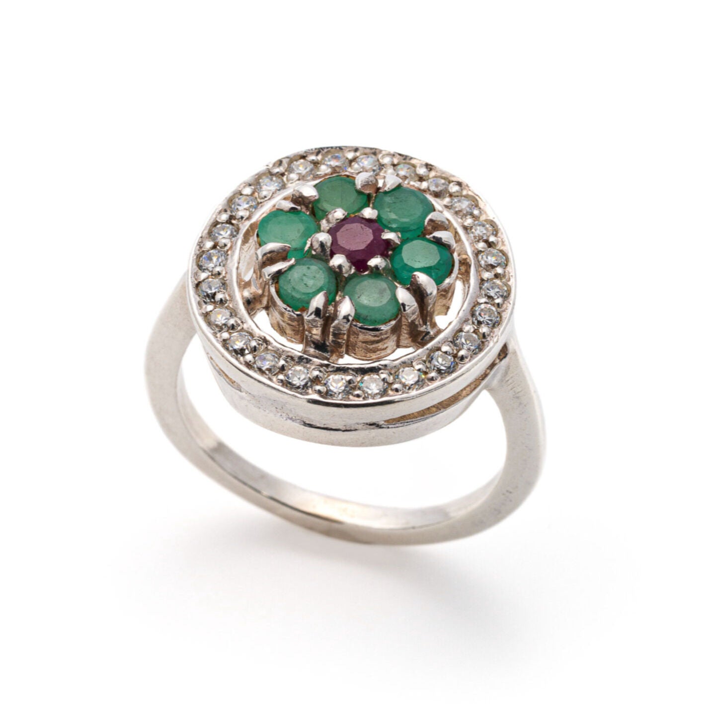 Natural Emerald Ring made in 925 Sterling Silver with Round Natural Green Emerald in Cluster setting, May Birthstone gift idea, symbolizes growth, harmony, and deep emotional healing, ideal for everyday wear and perfect for birthday gifting and special occasions.