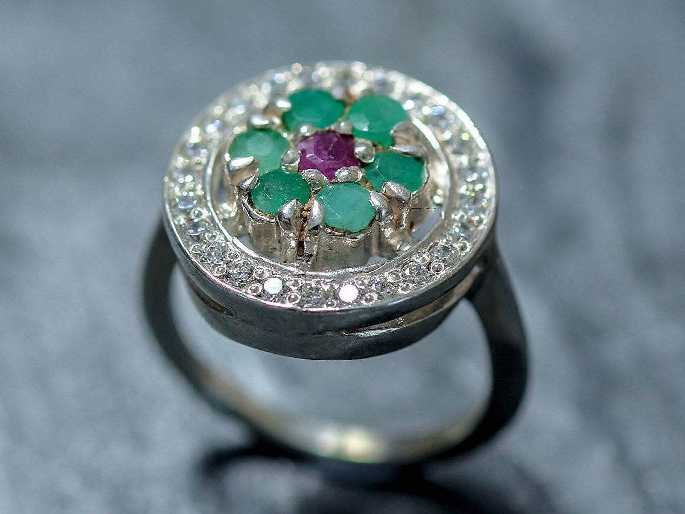 Emerald Flower Ring, Real Emerald Ring, Silver Green Flower Ring