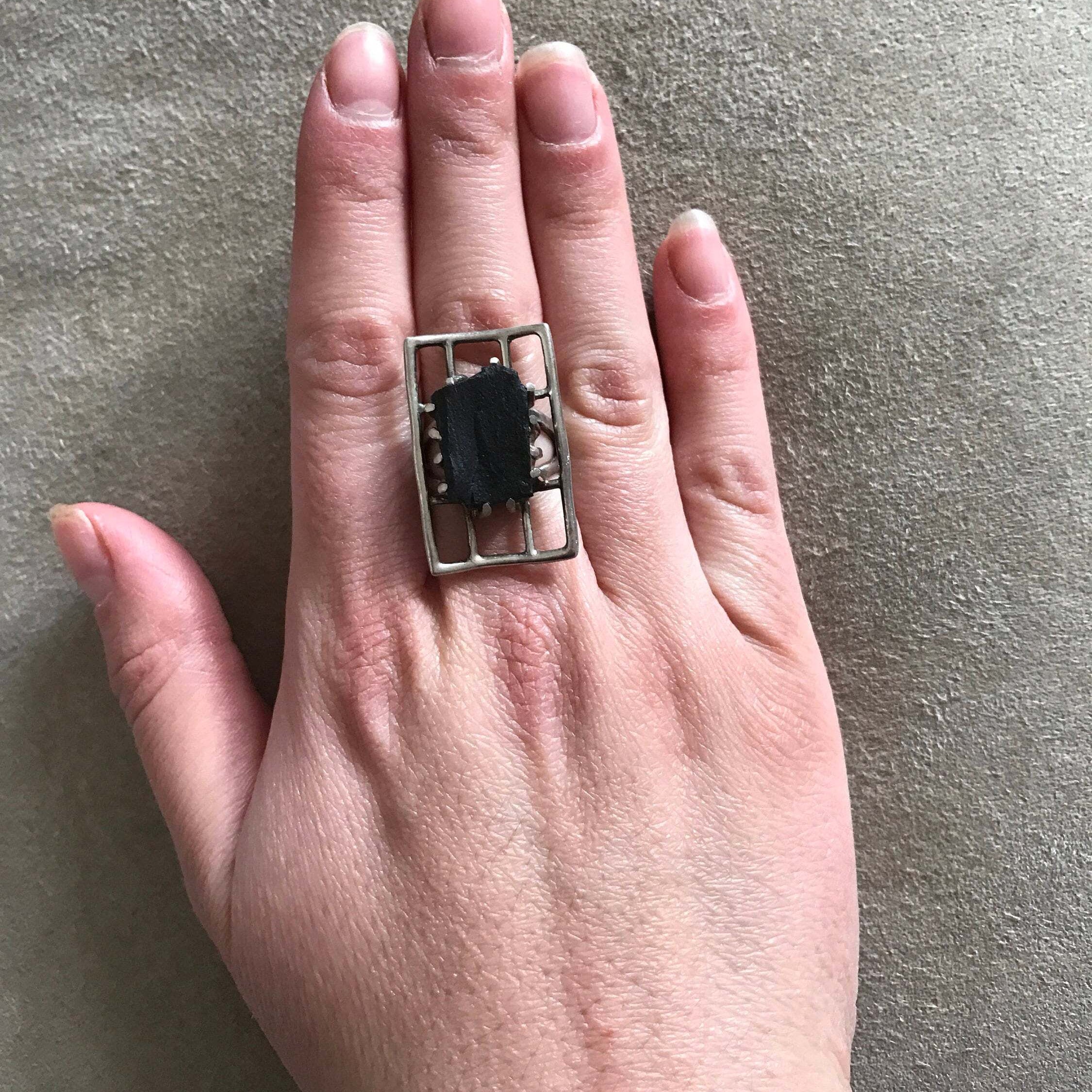 Black Agate Ring, Natural Black Agate, Statement Ring, Raw Stone Ring, Volcanic Ring, Artistic Ring, Unique Ring, Silver Ring, Black Agate