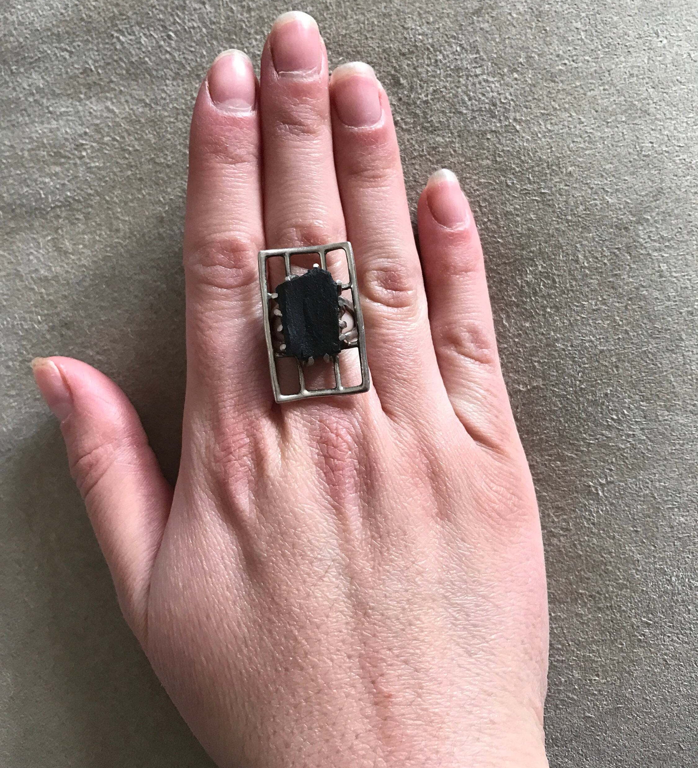 Black Agate Ring, Natural Black Agate, Statement Ring, Raw Stone Ring, Volcanic Ring, Artistic Ring, Unique Ring, Silver Ring, Black Agate