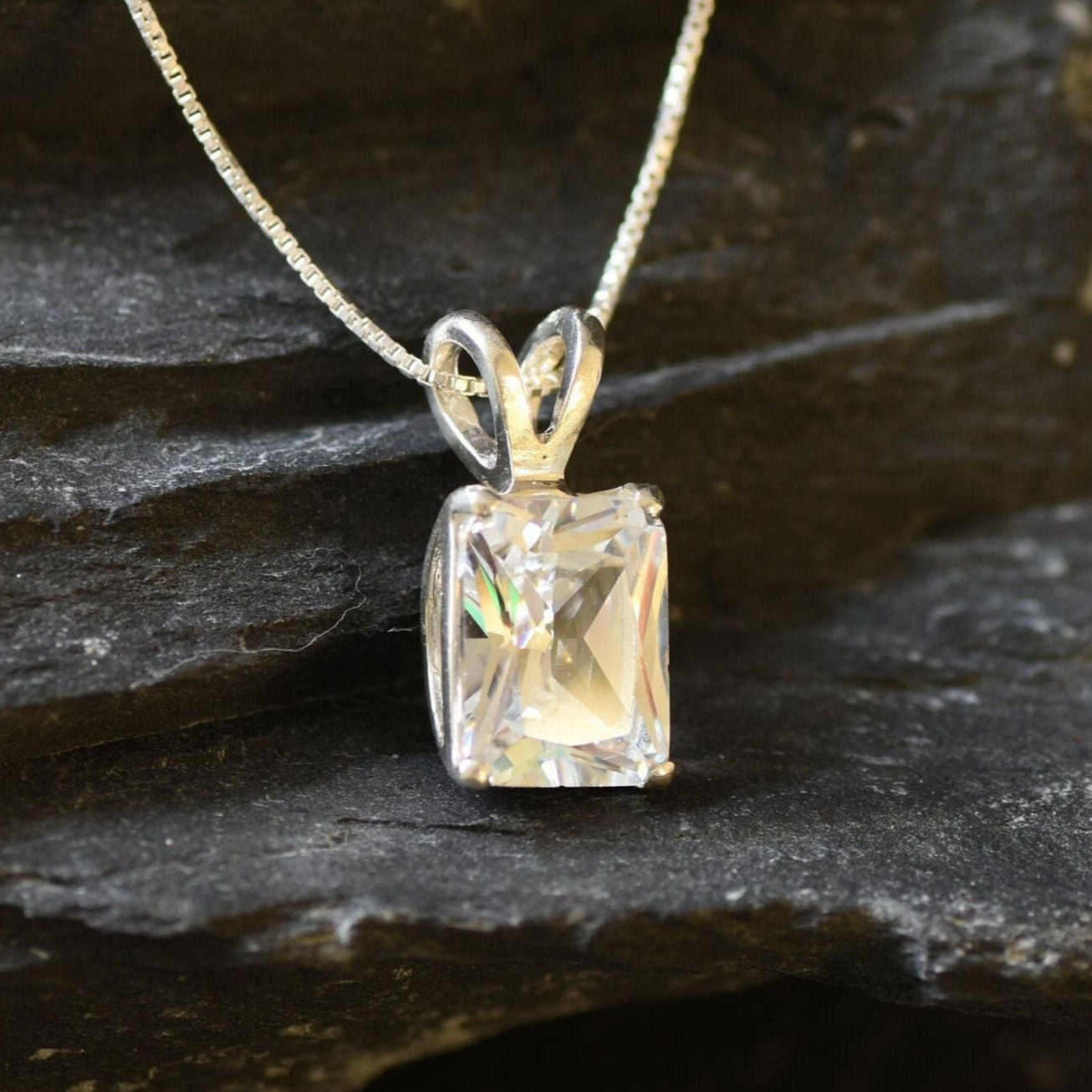 Square Diamond Pendant, Created CZ Diamond, Sparkly Pendant, Radiant Pendant, 3 Carat Necklace, Rectangle Pendant, Sterling Silver Pendant