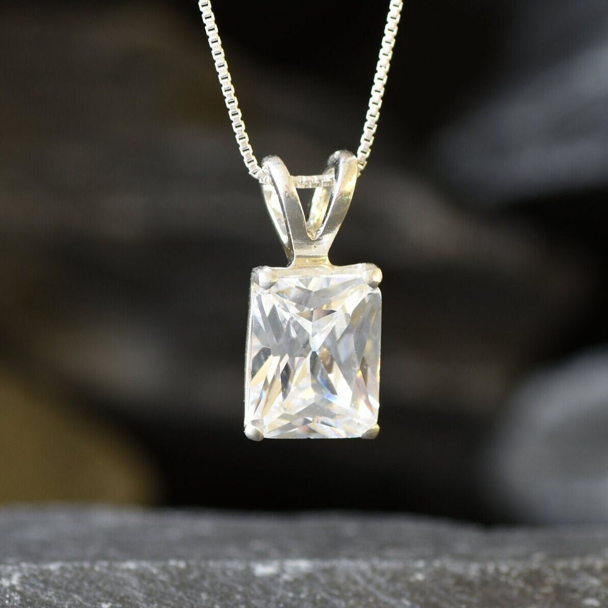 Square Diamond Pendant, Created CZ Diamond, Sparkly Pendant, Radiant Pendant, 3 Carat Necklace, Rectangle Pendant, Sterling Silver Pendant