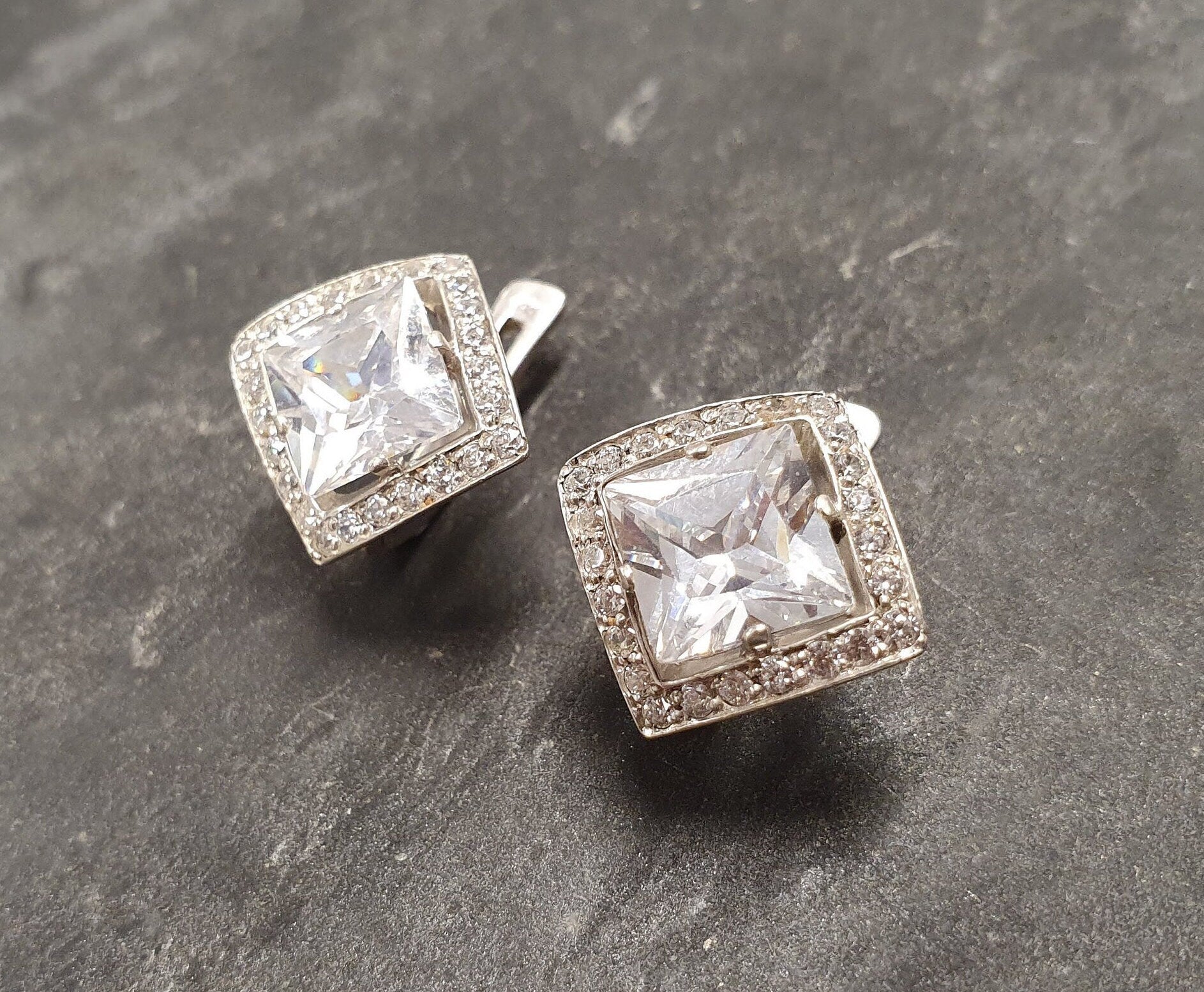 Diamond Earrings, Created Diamond, Square Earrings, Vintage Earrings, Sparkly Earrings, Diamond Studs, Bridal Earrings, 925 Silver Earrings
