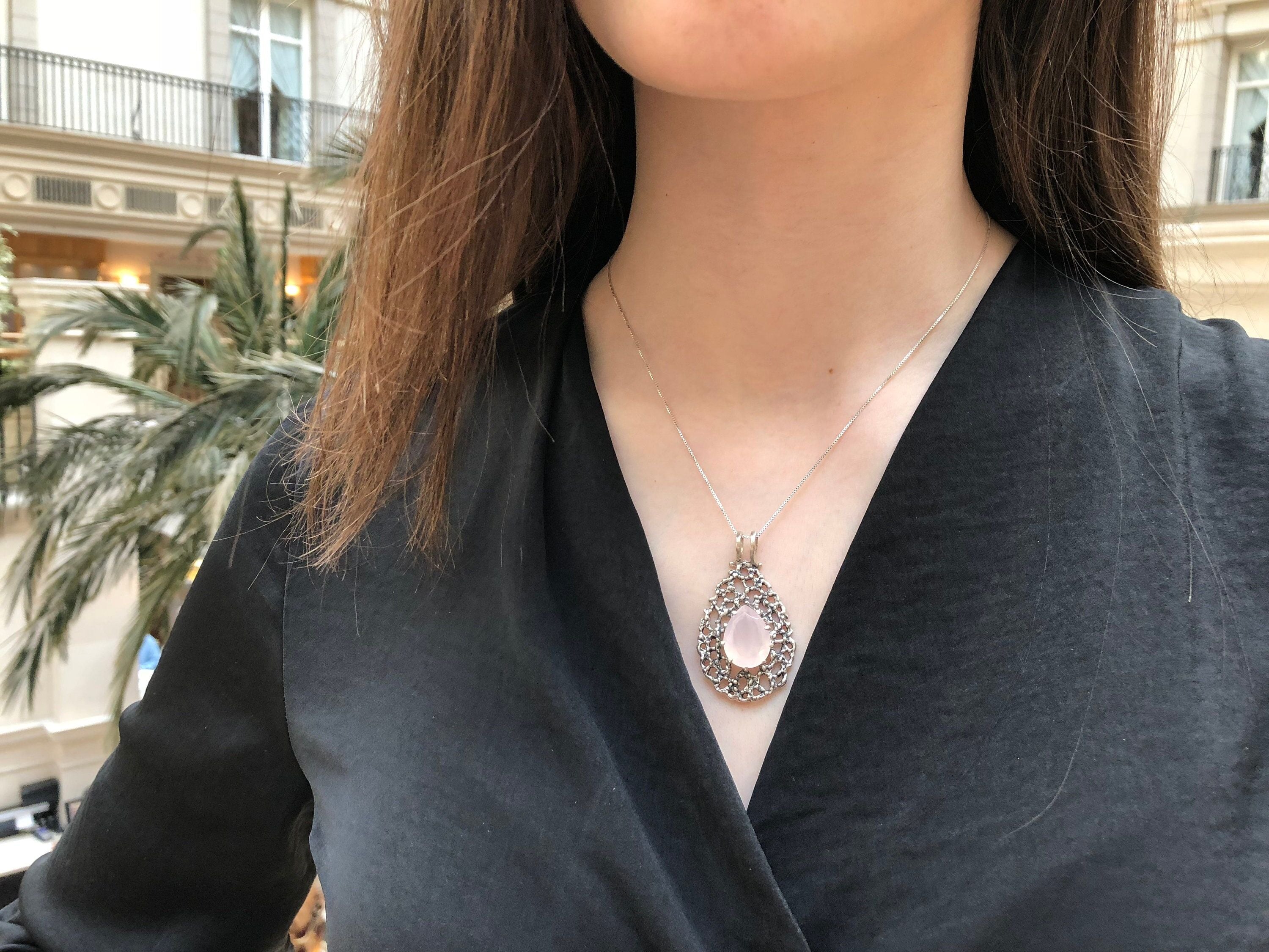 Rose Quartz Pendant, Natural Rose Quartz, Tear Drop Pendant, Pink Pendant, January Birthstone, Vintage Pendants, Silver Pendant, Rose Quartz