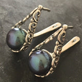 Black Pearl Statement Earrings - Long Pearl Earrings - Genuine Pearl Earrings