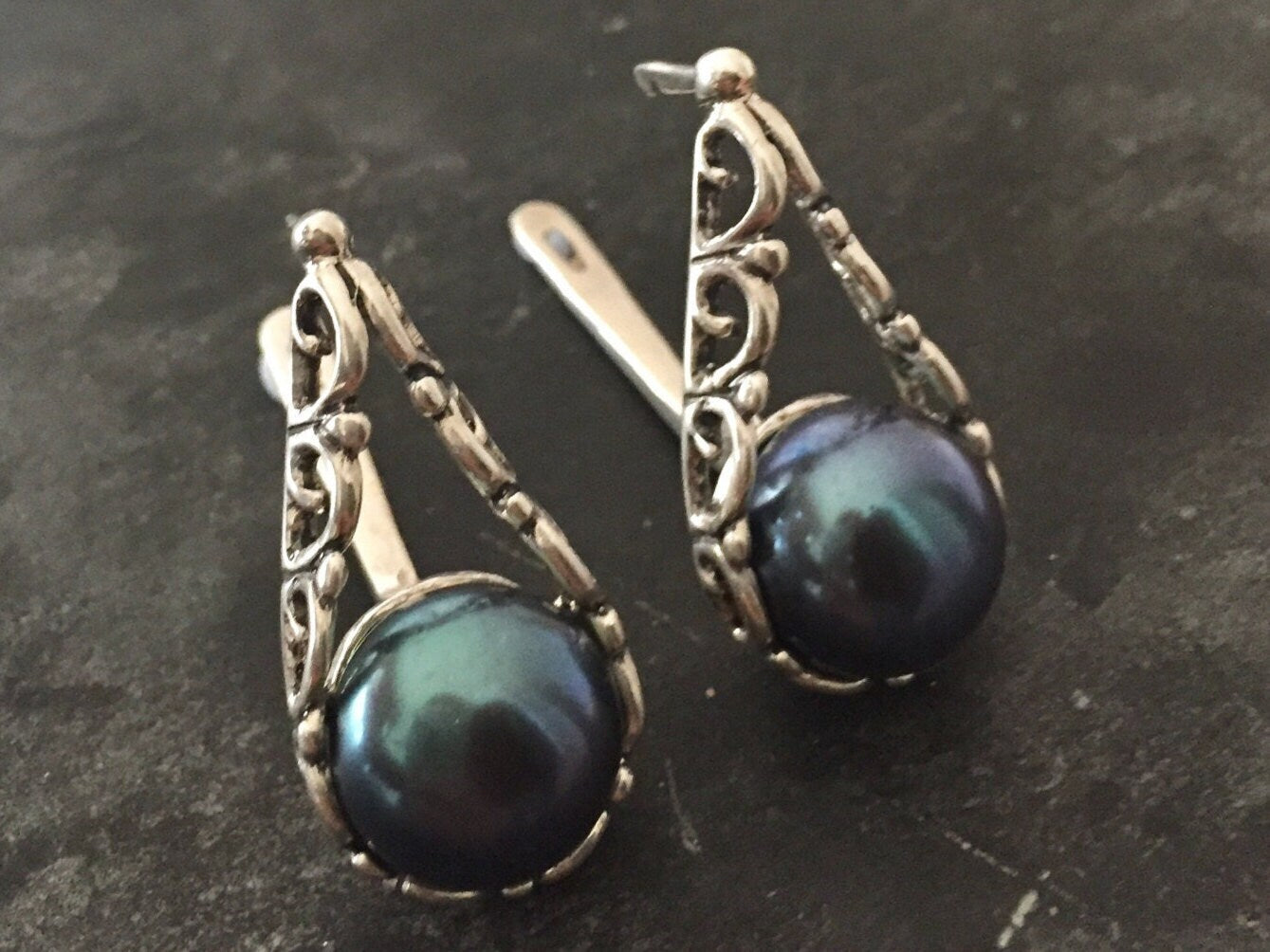 Black Pearl Earrings, Natural Pearl, June Birthstone, Pearl Earrings, Vintage Pearl, Vintage Style, June Earrings, Black Pearl, Solid Silver