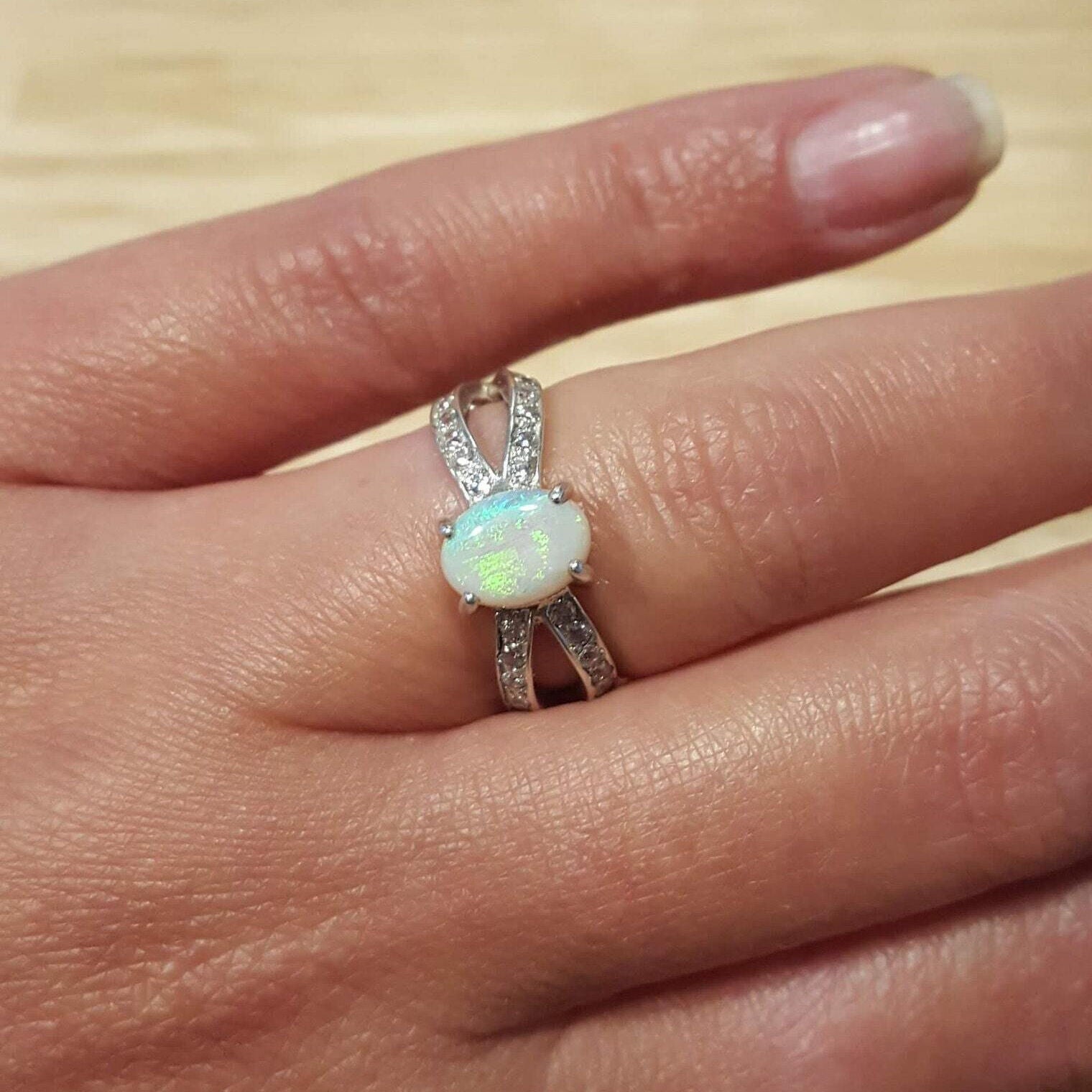 925 Sterling Silver Opal Ring with White Opal, perfect for birthdays and everyday elegance as October's birthstone.
