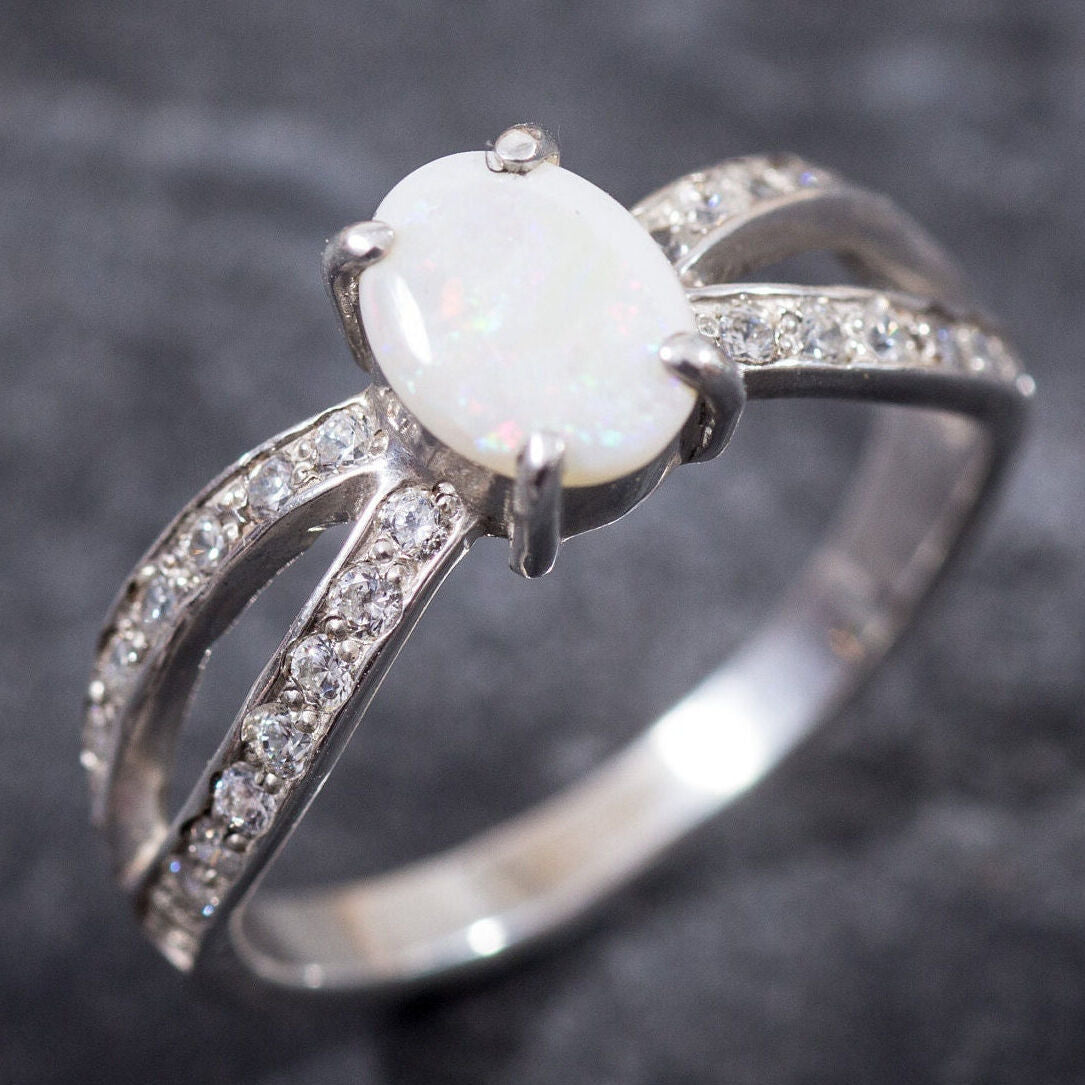Opal Ring made in 925 Sterling Silver with White Opal in setting, October Birthstone gift idea, symbolizes hope, luck, protection, and creativity, ideal for everyday wear and perfect for birthday gifting and special occasions.