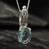 Boho Aquamarine Pendant - Blue Tribal Necklace - Vintage Oval Necklace