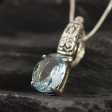 Boho Aquamarine Pendant - Blue Tribal Necklace - Vintage Oval Necklace