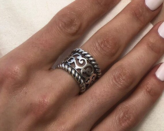 Artistic Silver Band, Boho Ring, Thick Band, Gypsy Band, Wide Ring, Rope Band, Symbolic Band, Vintage Ring, Solid Silver Ring, Silver Band
