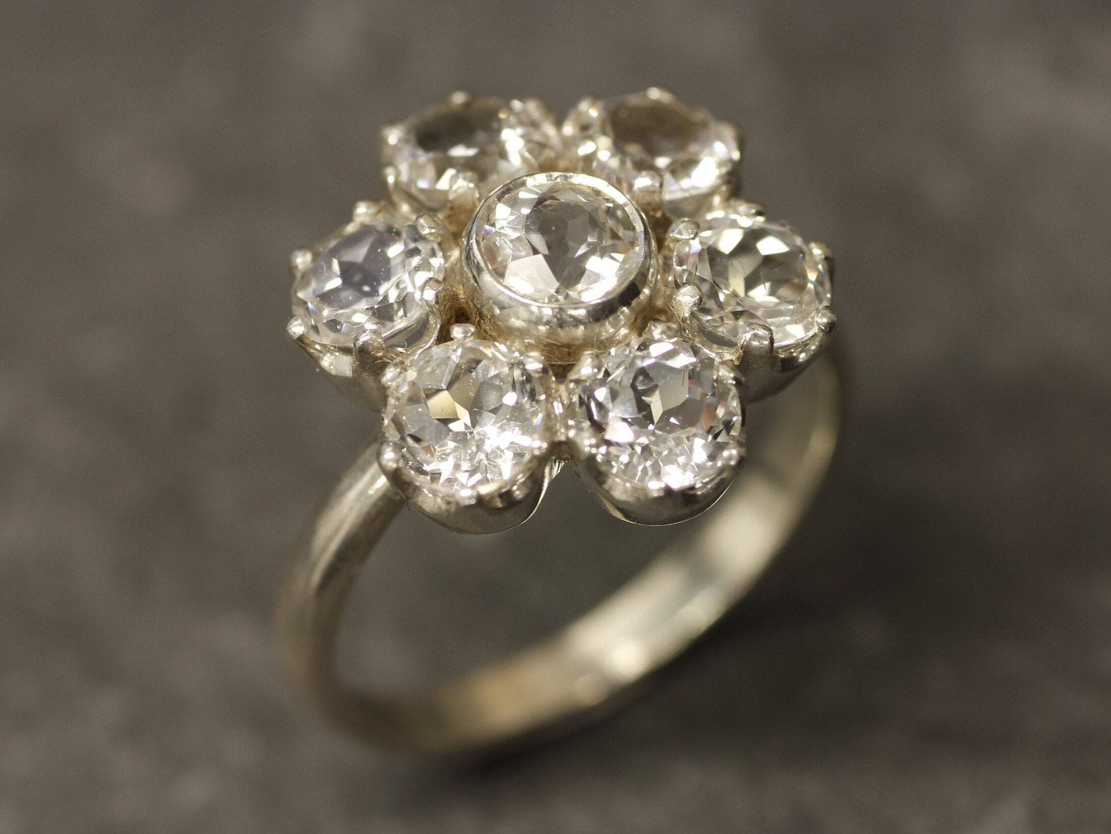 Diamond Flower Ring, Natural White Topaz, Flower Ring, White Topaz Ring, Vintage Ring, Large Daisy Ring, Statement Ring, Solid Silver Ring