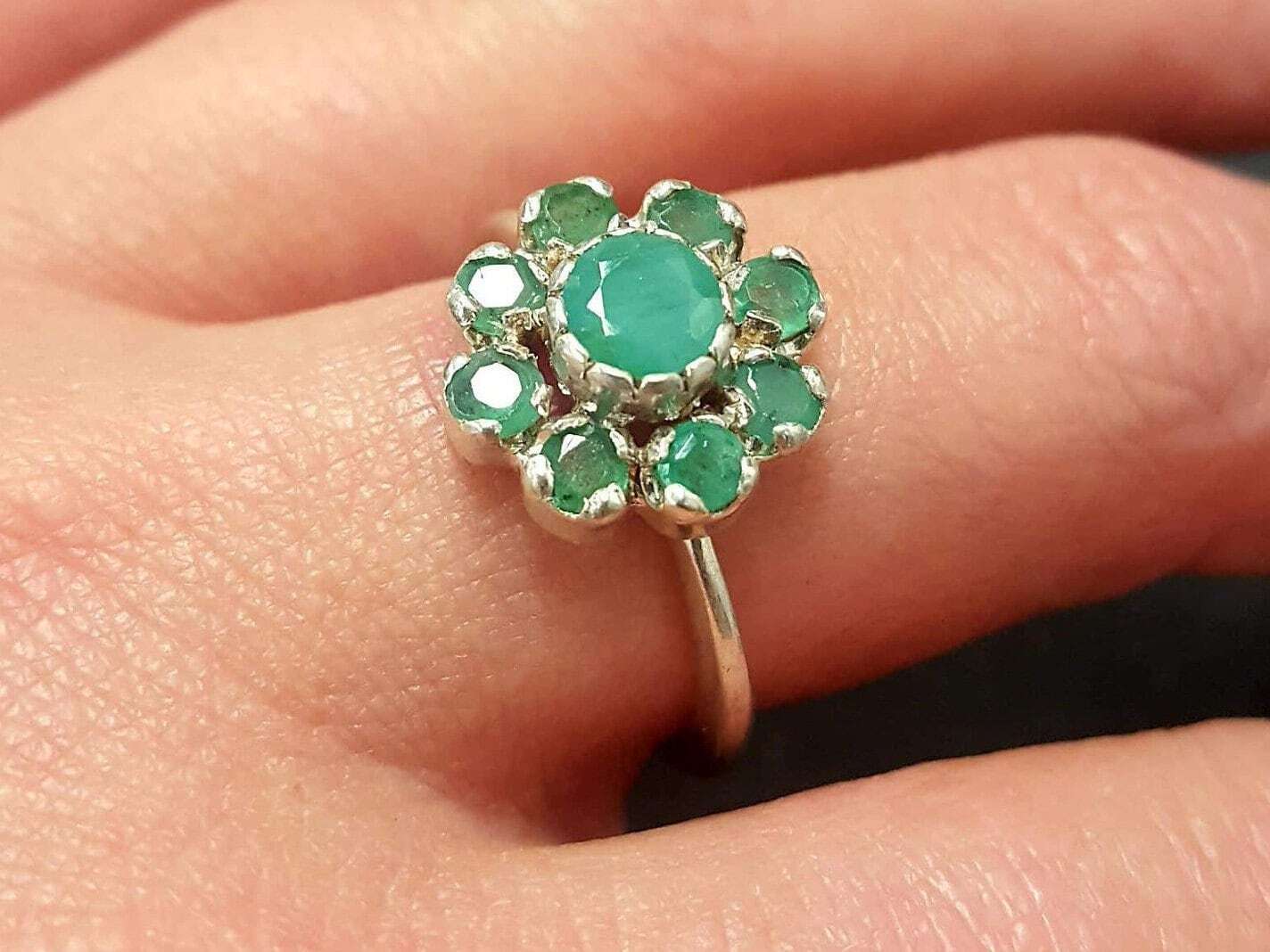 Natural Emerald Cluster Ring in 925 Sterling Silver, May Birthstone, symbolizes growth and harmony, perfect for daily wear.