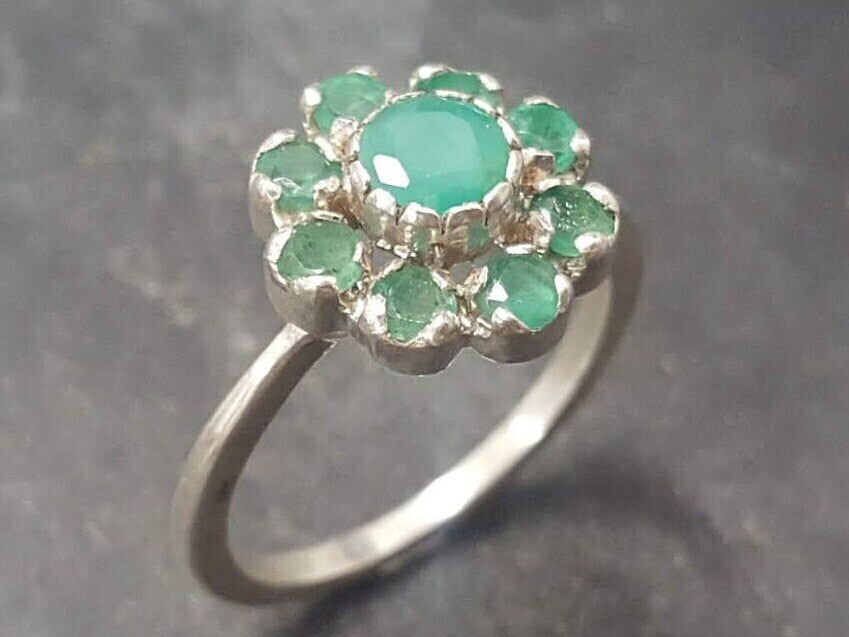 Natural Emerald Ring made in 925 Sterling Silver with Round Natural Green Emerald in Cluster setting, May Birthstone gift idea, symbolizes growth, harmony, and deep emotional healing, ideal for everyday wear and perfect for birthday gifting and special occasions.