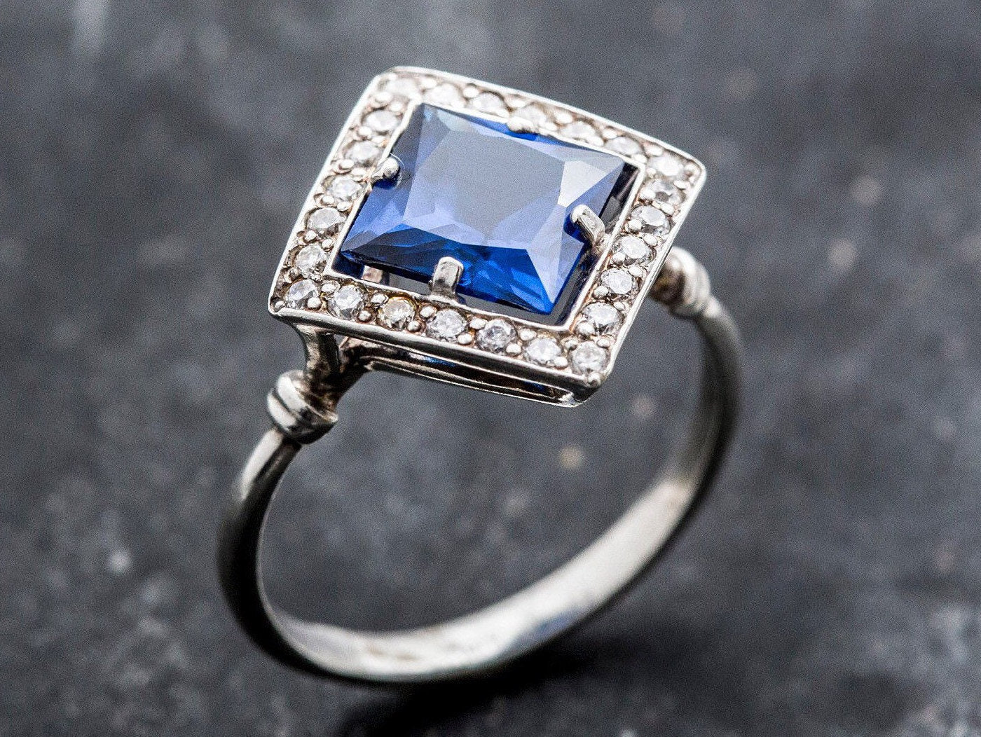 Created Sapphire Ring made in 925 Sterling Silver with Square Created Blue Sapphire in Halo setting, September Birthstone gift idea, symbolizes sincerity, truth, and faithfulness, ideal for everyday wear and perfect for birthday gifting and special occasions.