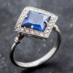 Created Sapphire Ring made in 925 Sterling Silver with Square Created Blue Sapphire in Halo setting, September Birthstone gift idea, symbolizes sincerity, truth, and faithfulness, ideal for everyday wear and perfect for birthday gifting and special occasions.