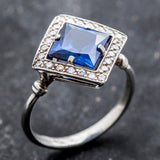 Created Sapphire Ring made in 925 Sterling Silver with Square Created Blue Sapphire in Halo setting, September Birthstone gift idea, symbolizes sincerity, truth, and faithfulness, ideal for everyday wear and perfect for birthday gifting and special occasions.