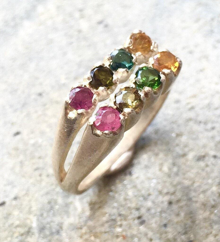 Multicolor Ring, Turmaline Ring, October Birthstone Ring, Mothers Birthstone Ring, Turmaline, Solid Silver Ring, Double Band, Colourful Gems