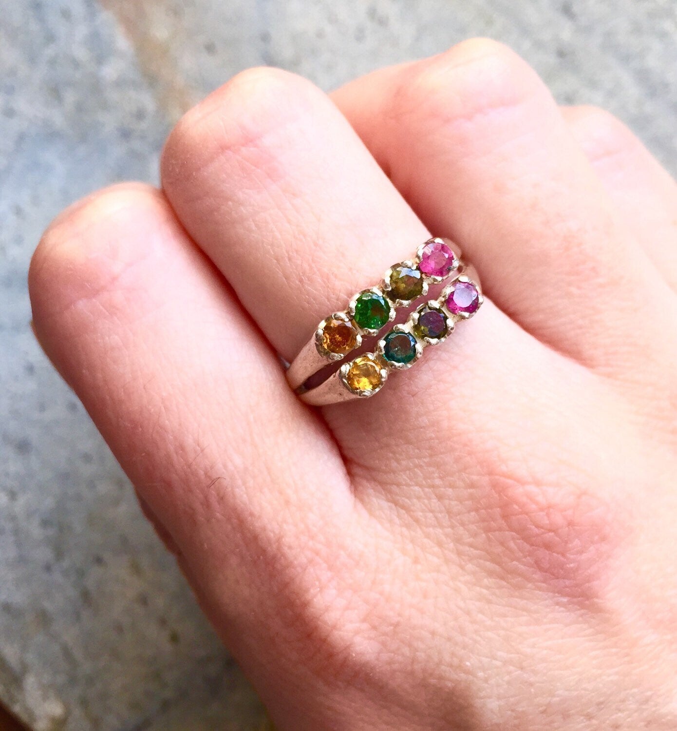 Multicolor Ring, Turmaline Ring, October Birthstone Ring, Mothers Birthstone Ring, Turmaline, Solid Silver Ring, Double Band, Colourful Gems