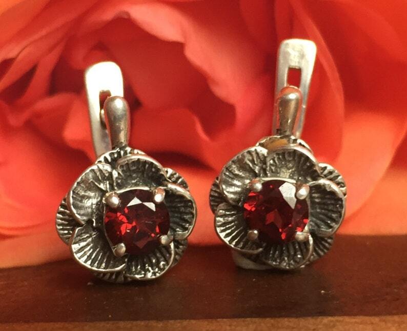 Rose Earrings, Garnet Earrings, Flower Earrings, January Birthstone, Vintage Earrings, January Earrings, Antique Earrings, Silver Earrings