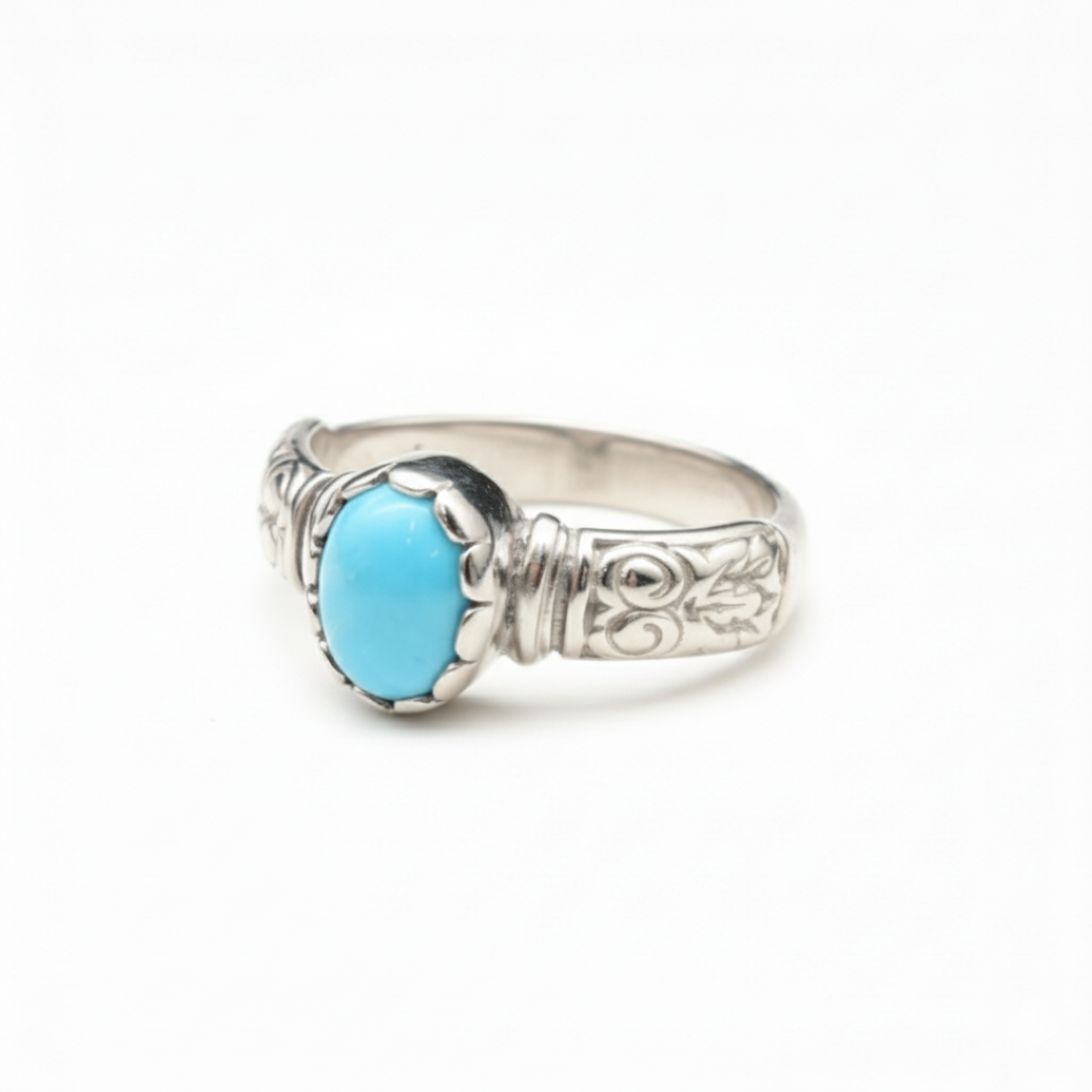 Stylish 925 Sterling Silver ring with a round natural turquoise, symbolizes protection and healing, ideal for December birthdays.