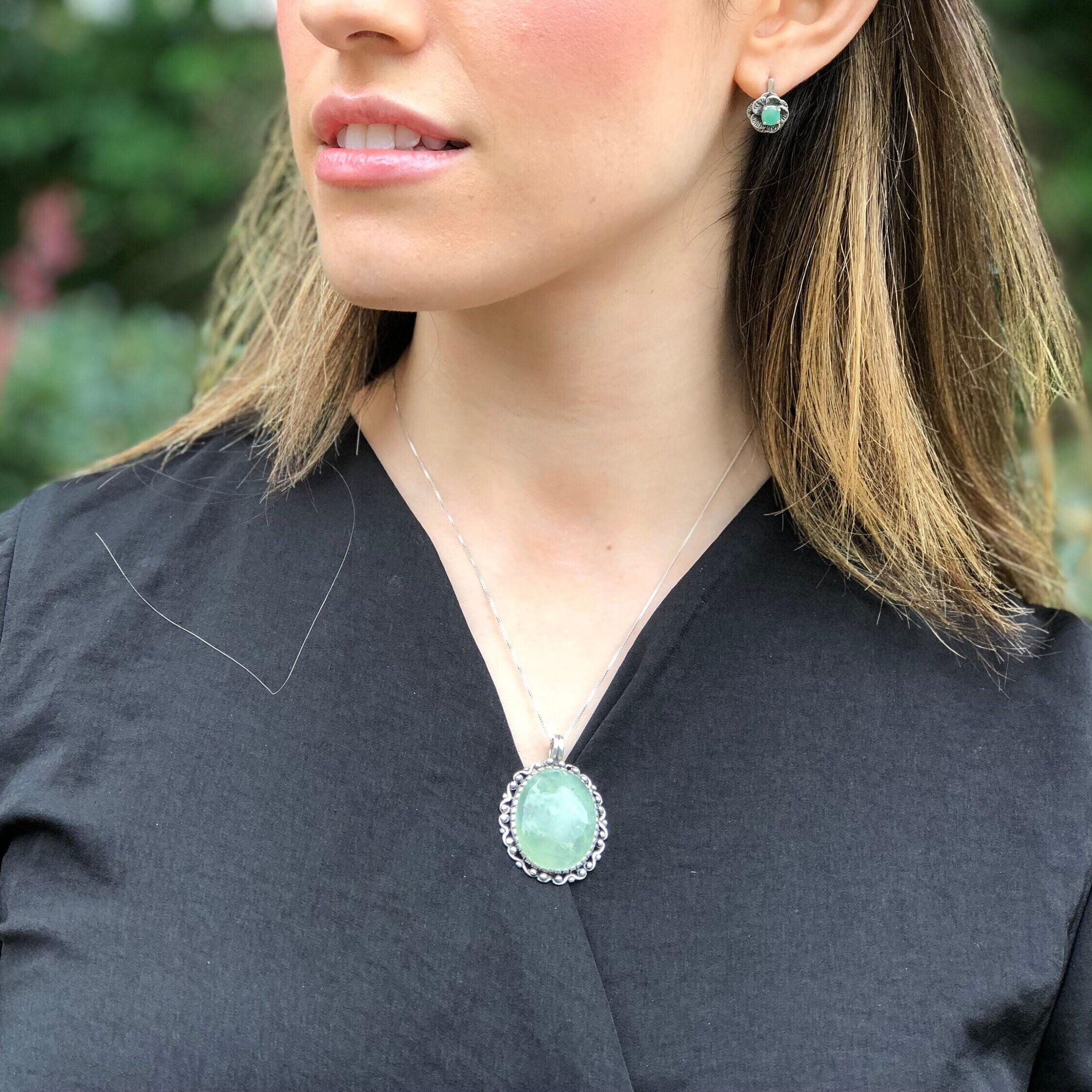 Prehnite pendant, Healing Crystals, Vintage Pendant, Roman Pendant, Birthstone Pendant, Green Stone, Huge Pendant, Solid Silver, Pure Silver