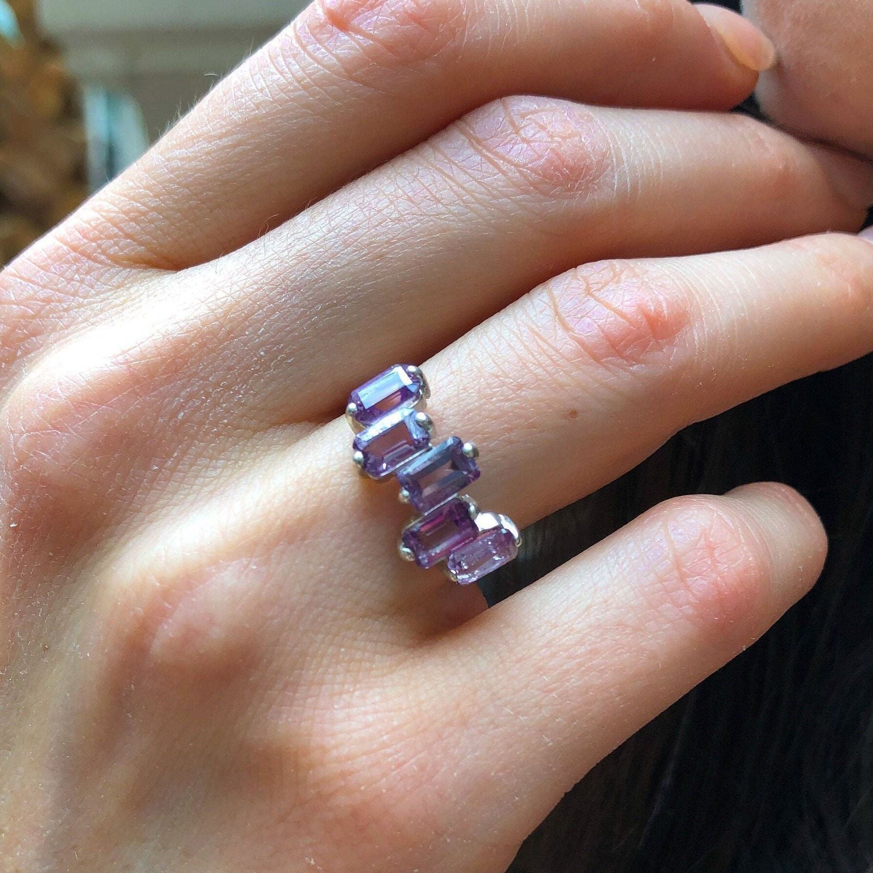 Baguette Band, Natural Amethyst, Amethyst Ring, Emerald Cut Band, February Birthstone, Purple Vintage Ring, Asymmetric Ring, 925 Silver Ring