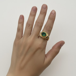 Stylish 18k Gold Vermeil ring featuring a bezel-set Oval Created Green Emerald, perfect for special occasions and May birthdays.