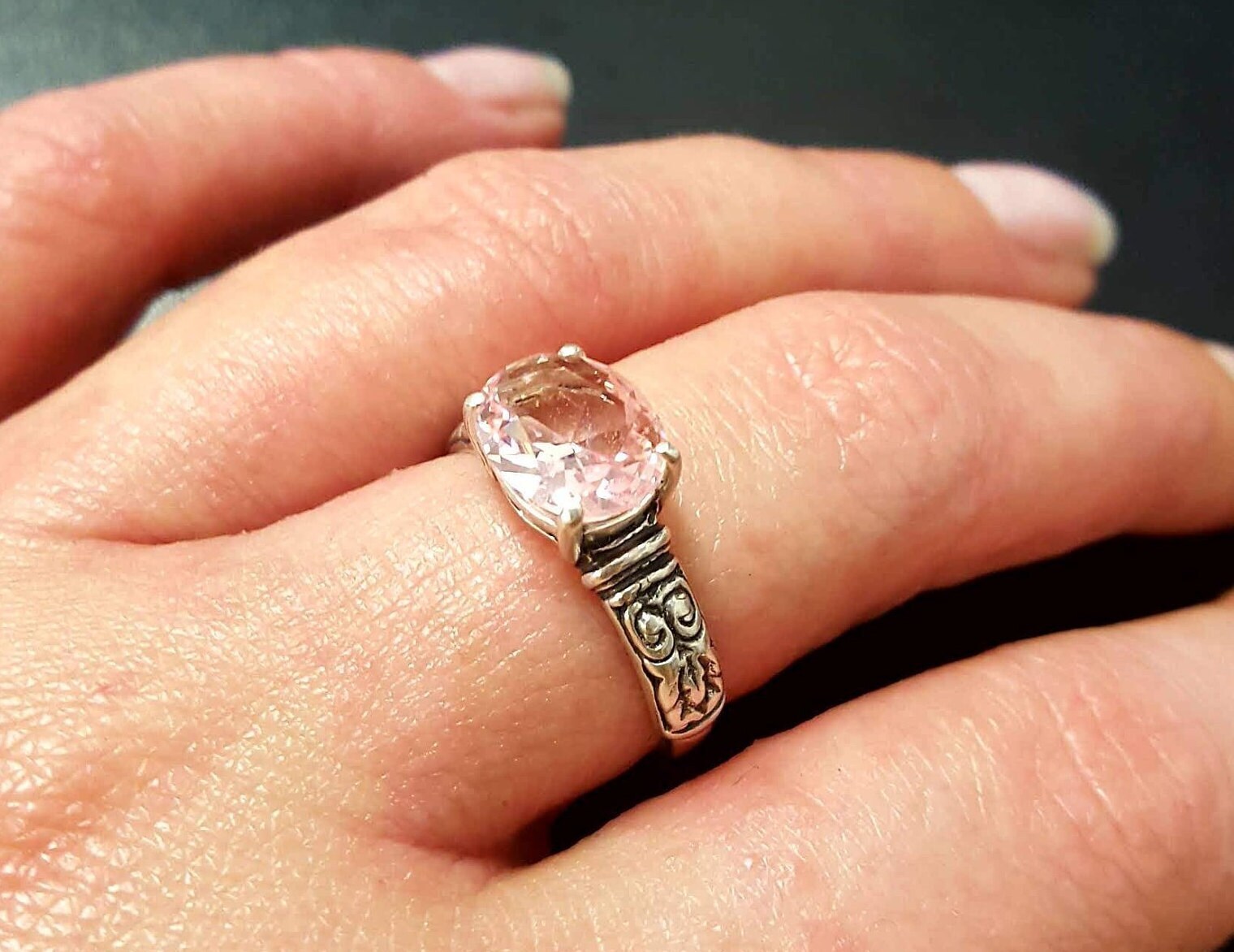 Morganite Ring, Created Morganite, Pink Diamond Ring, Pink Bohemian Ring, Pink Ring, Horizontal Ring, Vintage Rings, Silver Ring, Morganite