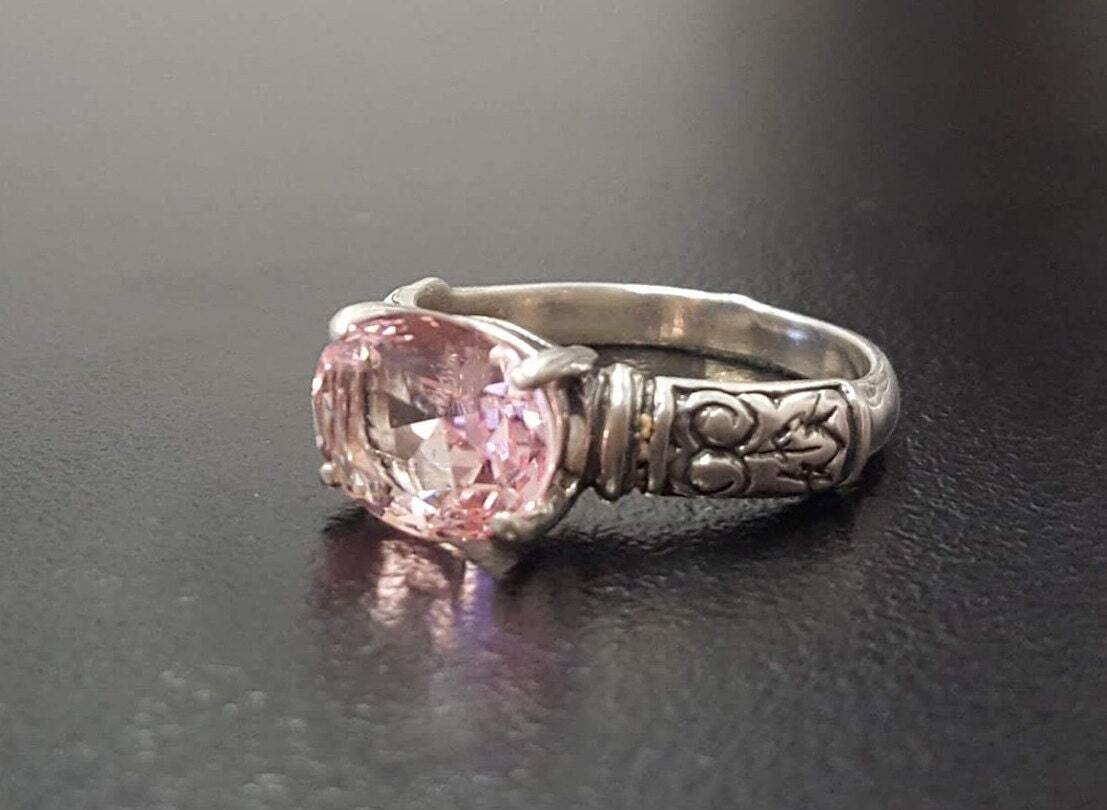 Morganite Ring, Created Morganite, Pink Diamond Ring, Pink Bohemian Ring, Pink Ring, Horizontal Ring, Vintage Rings, Silver Ring, Morganite