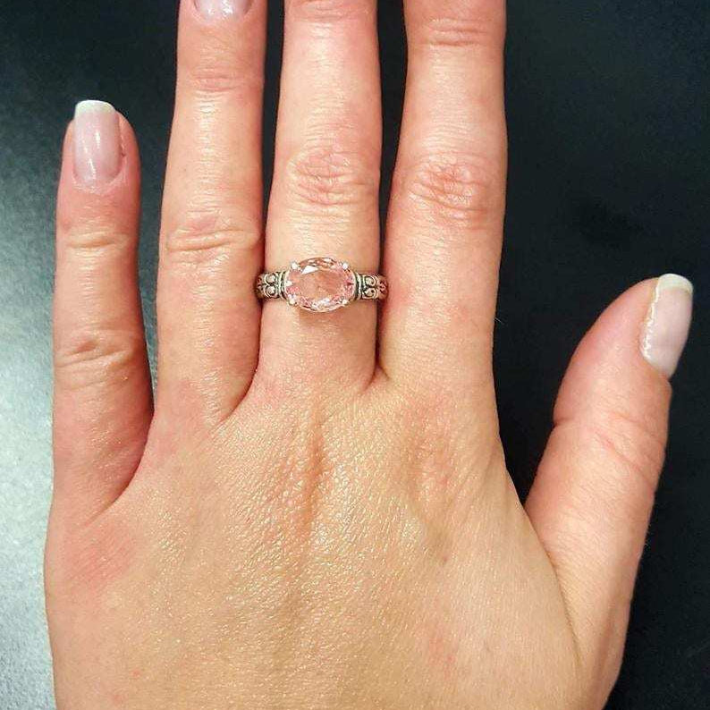 Morganite Ring, Created Morganite, Pink Diamond Ring, Pink Bohemian Ring, Pink Ring, Horizontal Ring, Vintage Rings, Silver Ring, Morganite(1)