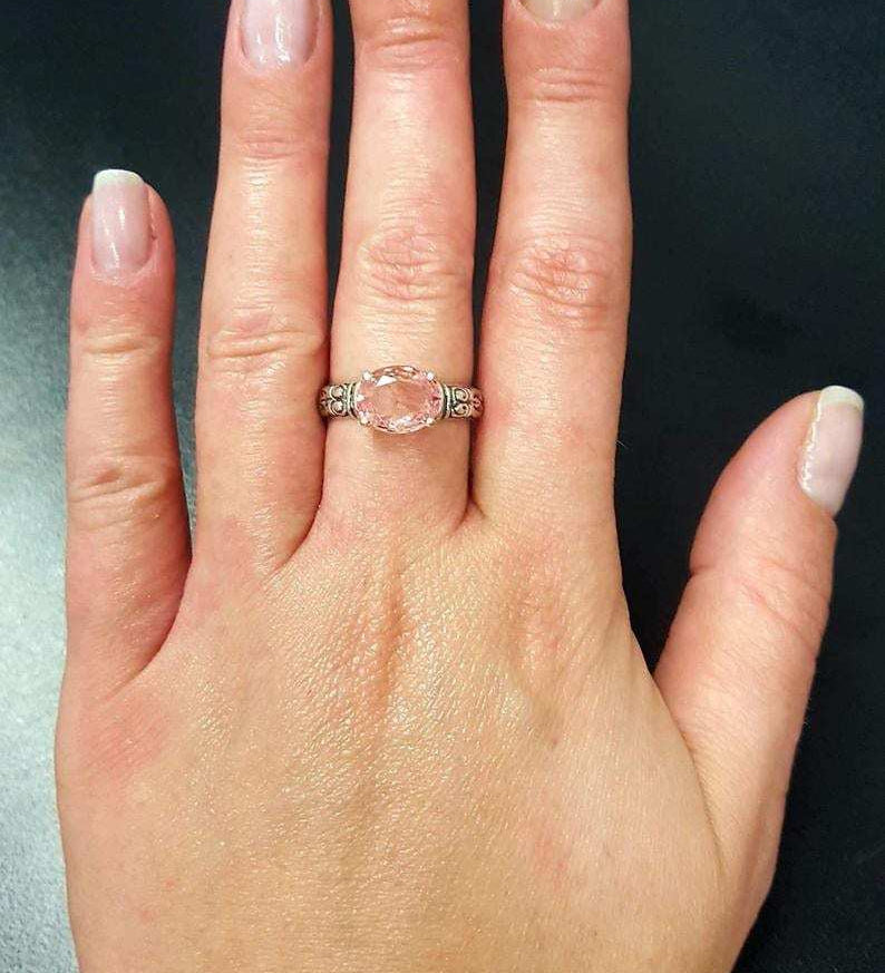 Morganite Ring, Created Morganite, Pink Diamond Ring, Pink Bohemian Ring, Pink Ring, Horizontal Ring, Vintage Rings, Silver Ring, Morganite(1)